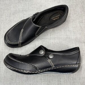 Clarks Collection Ashland Black‎ Leather Slip On Loafer Shoes Womens 8 Wide